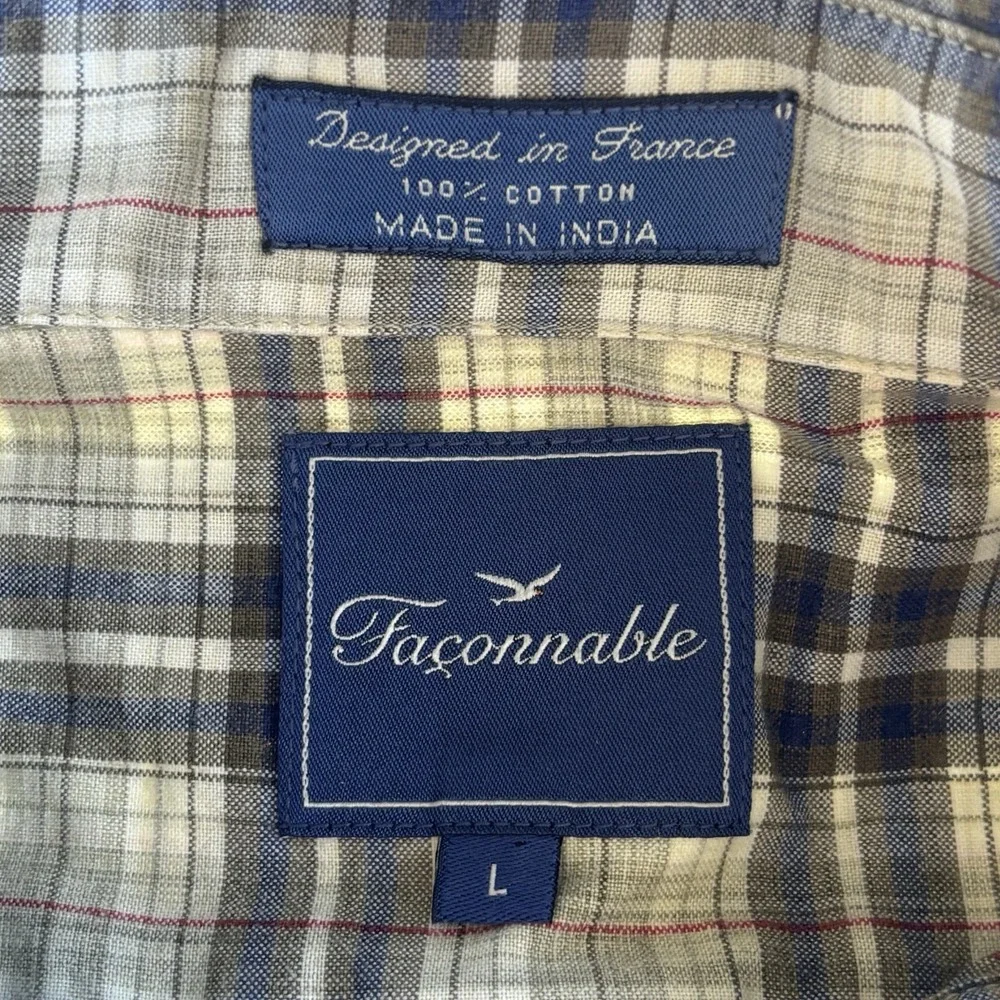 Faconnable Men's Plaid Button-Down Shirt Short Sleeve Cotton Size‎ L